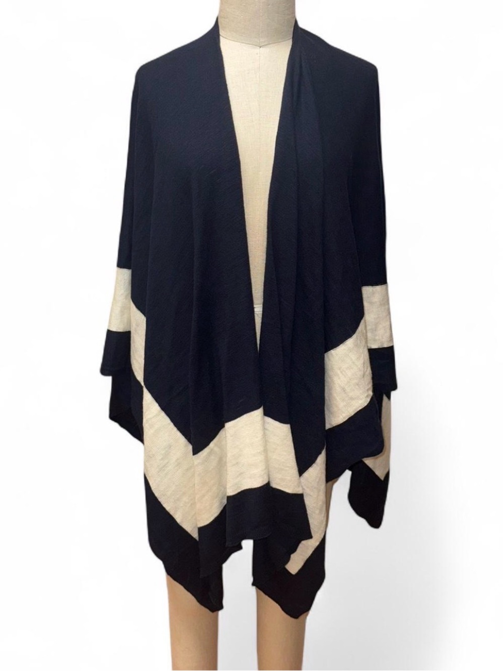Talbots Navy and white cotton blend open poncho shawl bold stripe